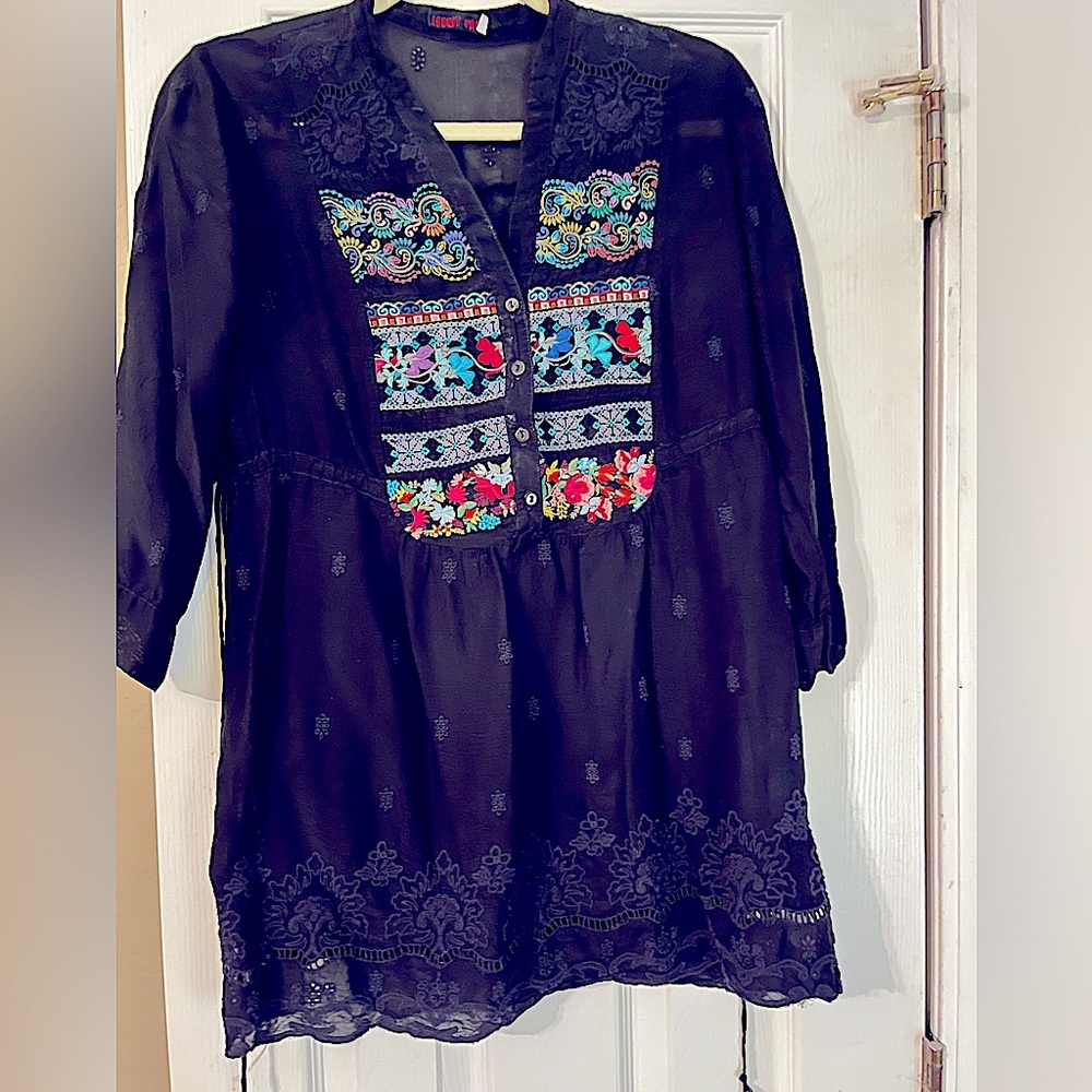 Johnny Was black and floral embroidered blouse with lace at the bottom. .